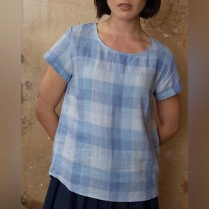 Pyne & Smith linen blue check blouse No. 14 T shirt women Sz XL Cottage Casual